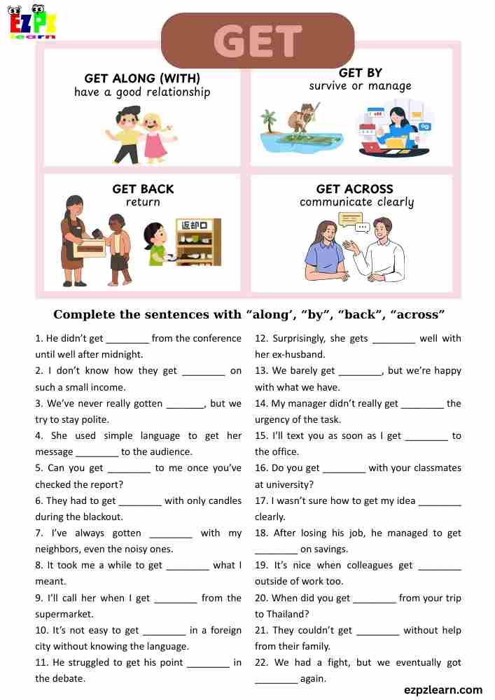 Phrasal Verbs with “Get” – 22 Sentence ESL Worksheet | Free PDF